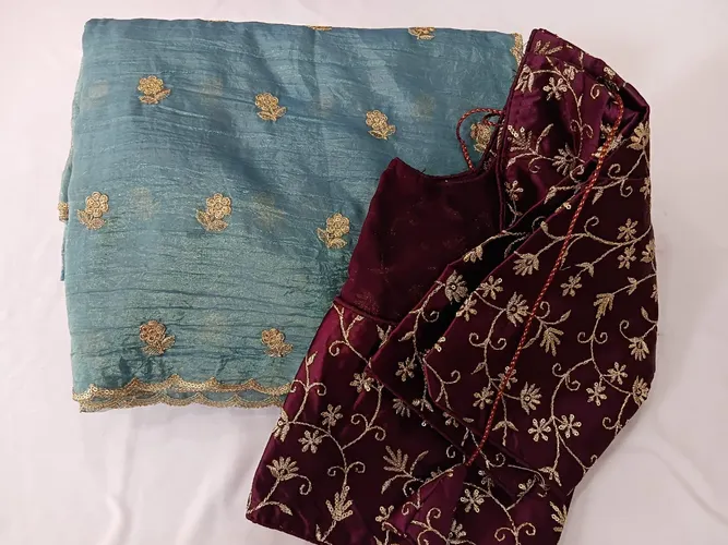 Sky Blue Crush tissue Saree with designer blouse